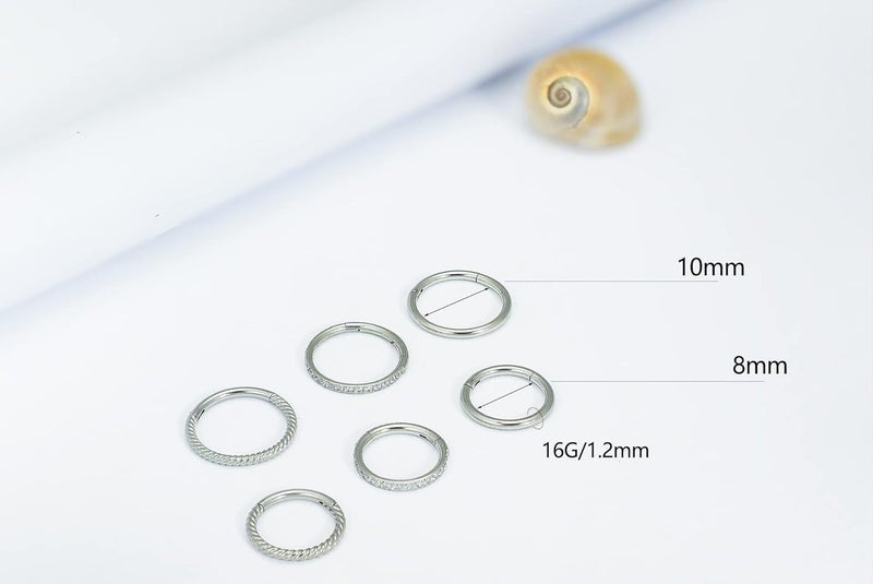 HQLA 16G 18G 6mm 8mm 10mm Hinged Clicker Segment CZ Twisted Clicker Nose Rings Hoop Helix Cartilage Daith Tragus Sleeper Earrings Body Piercing for Women Men - Image 2